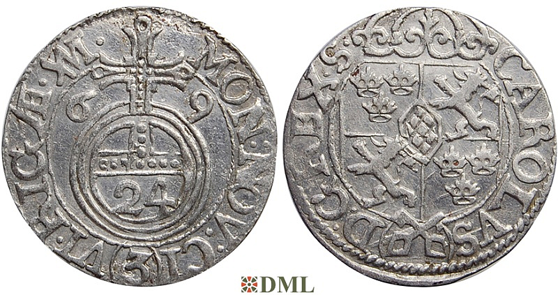 Драйпёлькер (полторак), Швеция, Рига (город), Густав II Адольф (1611-1632), м.д. Рига, минцмейстер Martin Wulff II, 1669 г., Haljak 1567