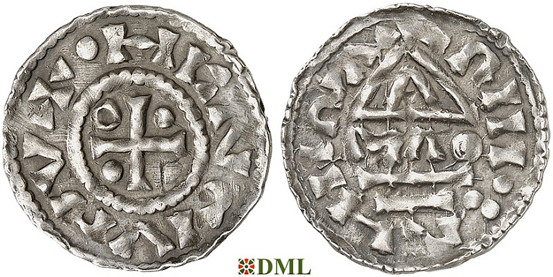 Денарий, Германия, Бавария, Heinrich II (985–995), м.д. Regensburg, монетарий MΛO, Hahn 1976, 22f1