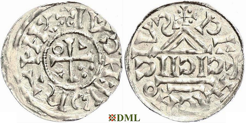 Денарий, Германия, Бавария, Heinrich II (1002-1024), м.д. Regensburg, монетарий CICII, Hahn 1976, 27b1