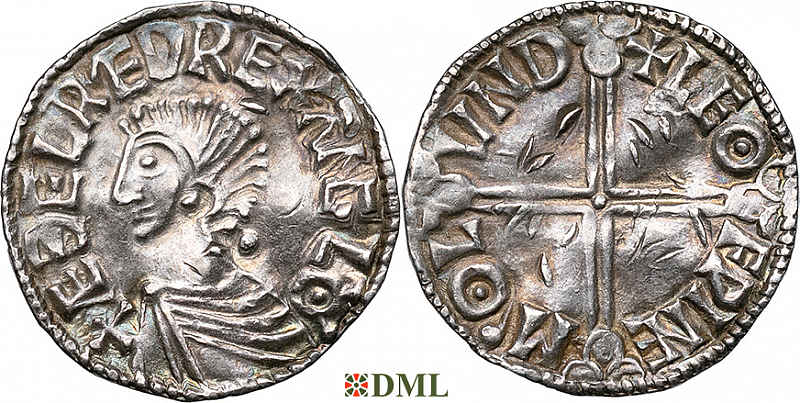 Денарий, Англия, Æthelred II (978-1016), м.д. London, монетарий Leofwine, North 774