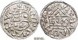 Денарий, Германия, Бавария, Heinrich II (985-995), м.д. Regensburg, монетарий ECCO, Hahn 1976, 22b2.3