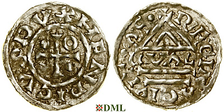 Денарий, Германия, Бавария, Heinrich II (985–995), м.д. Regensburg, монетарий GVΛL, Hahn 1976, 22d1.1