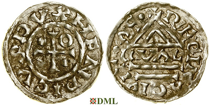 Денарий, Германия, Бавария, Heinrich II (985–995), м.д. Regensburg, монетарий GVΛL, Hahn 1976, 22d1.1