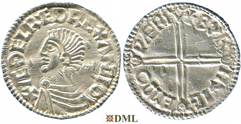 Денарий, Англия, Æthelred II (978-1016), м.д. Warwick, монетарий Byrhsige, North 774
