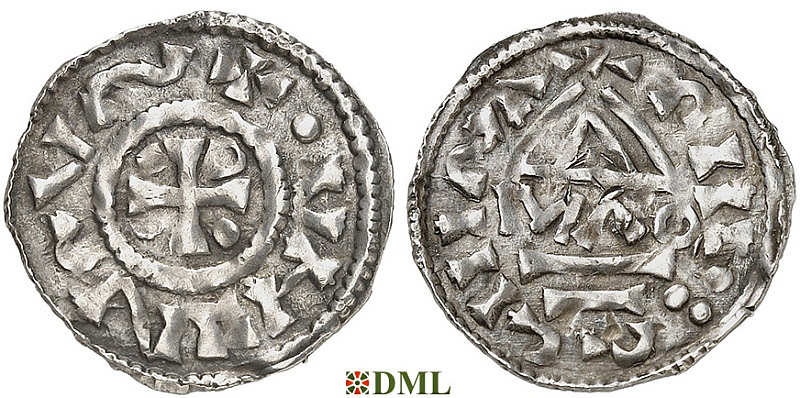 Денарий, Германия, Бавария, Heinrich II (985–995), м.д. Regensburg, монетарий MΛO, Hahn 1976, 22f1