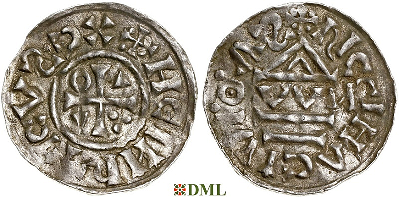 Денарий, Германия, Бавария, Heinrich II (1002-1024), м.д. Regensburg, монетарий OWИ, Hahn 1976, 27j1.1