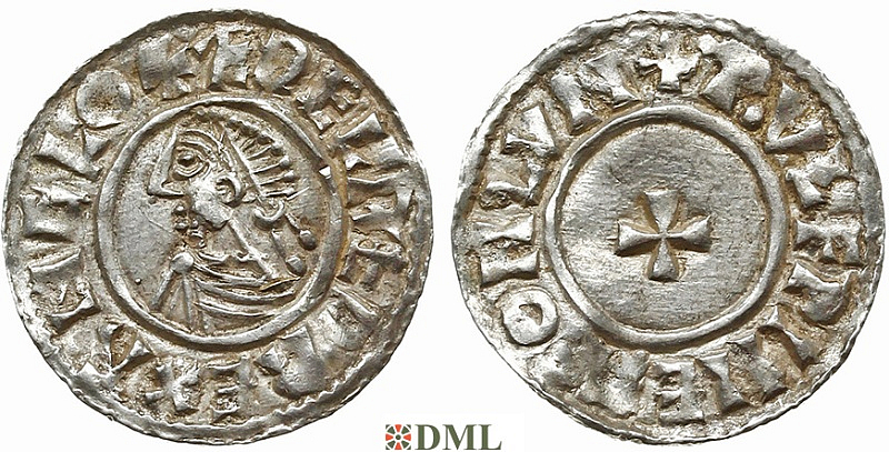 Денарий, Англия, Æthelred II (978-1016), м.д. London, монетарий Wulfwine, North 777