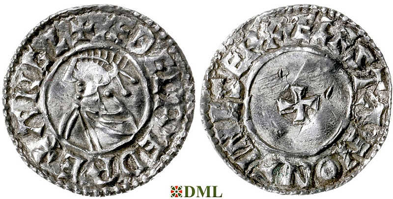 Денарий, Англия, Æthelred II (978-1016), м.д. Winchester, монетарийÆlfstan, North 777