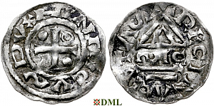 Денарий, Германия, Бавария, Heinrich II (955-995), м.д. Regensburg, монетарий ∾IC, Hahn 1976, 22g1.