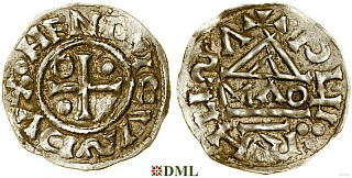 Денарий, Германия, Бавария, Heinrich II (955-995), м.д. Regensburg, монетарий MΛO, Hahn 1976, 22f1.1