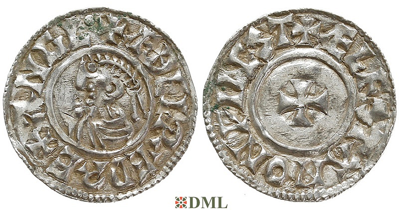 Денарий, Англия, Æthelred II (978-1016), м.д. Winchester, монетарий Ælfstan, North 777
