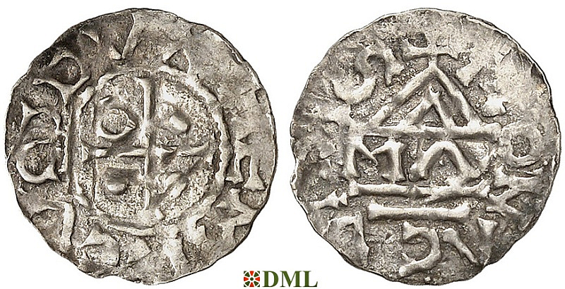 Обол, Германия, Бавария, Heinrich II (985–995), м.д. Regensburg, монетарий MΛO, Hahn 1976, 23.?