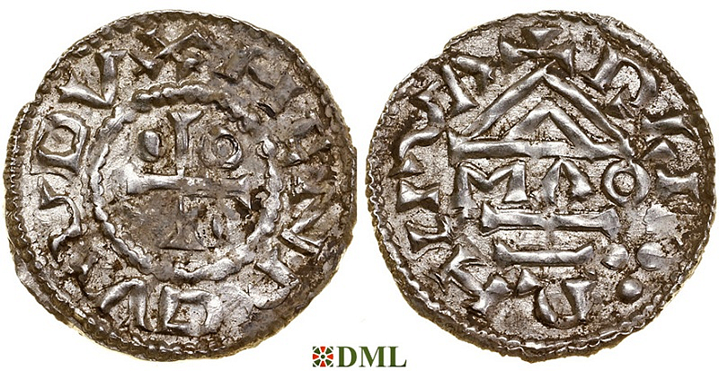 Денарий, Германия, Бавария, Heinrich II (955-995), м.д. Regensburg, монетарий MΛO, Hahn 1976, 22f1.2