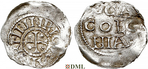 Денарий, Германия, Нижняя Лотарингия, Heinrich II (1002-1024), м.д. Koln, Dbg. 350