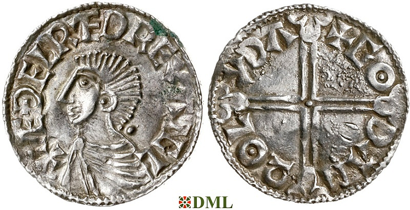 Денарий, Англия, Æthelred II (978-1016), м.д. Lydford, монетарий Goda, North 774