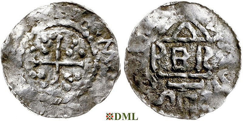 Денарий, Германия, Бавария, Heinrich II (955-973), м.д. Nabburg, монетарий PER, Hahn 1976, 68b1.1A
