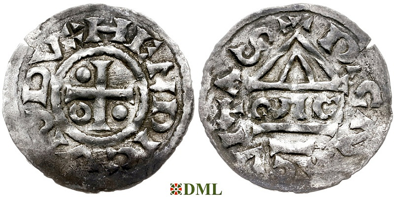 Денарий, Германия, Бавария, Heinrich II (955-995), м.д. Regensburg, монетарий ∾IC, Hahn 1976, 22g1.6