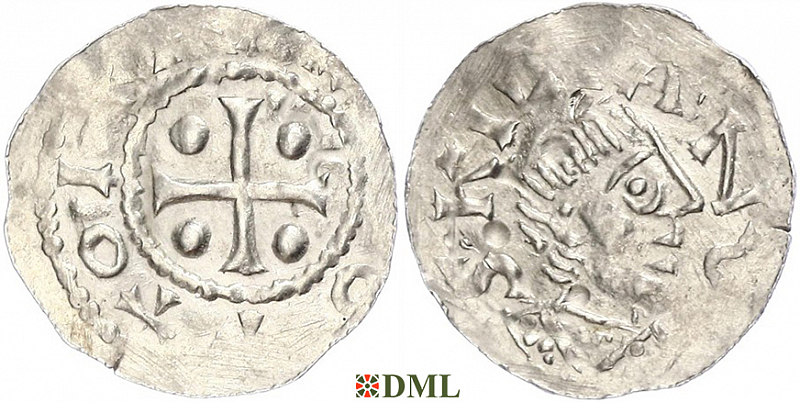 Денарий, Германия, Франкония, Otto III (983-1002), м.д. Wurzburg, Dbg. 856