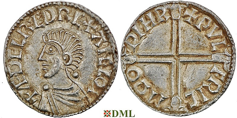 Денарий, Англия, Æthelred II (978-1016), м.д. Worchester, монетарий Wulfric, North 774