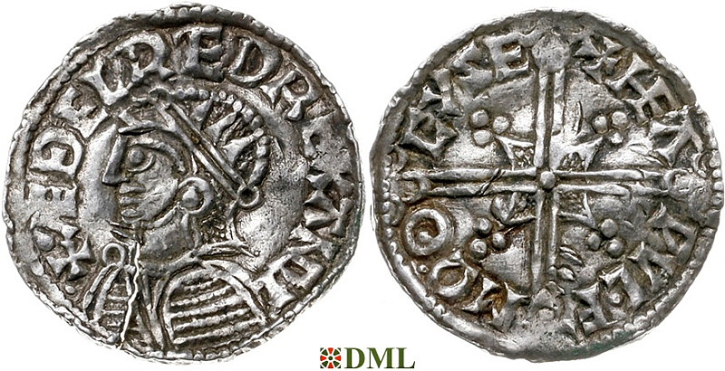 Денарий, Англия, Æthelred II (978-1016), м.д. Chichester, монетарий Heawulf, North 775