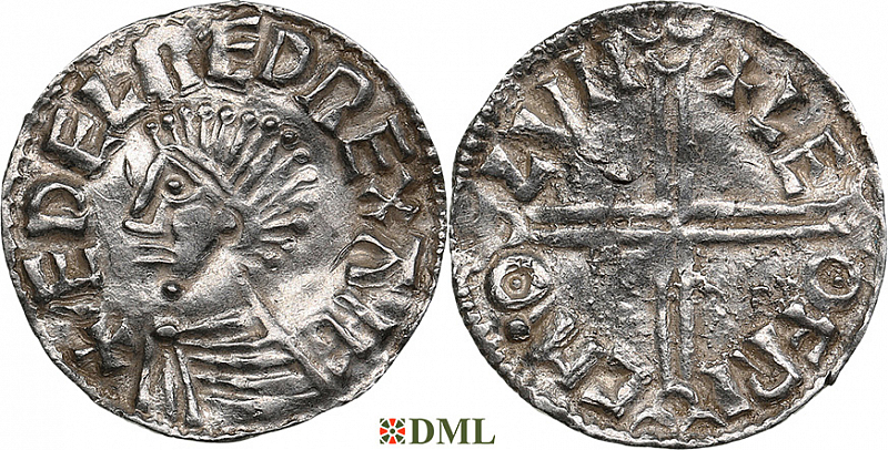 Денарий, Англия, Æthelred II (978-1016), м.д. London, монетарий Leofric, North 774