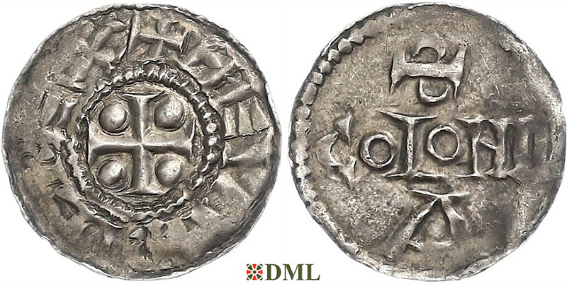 Денарий, Германия, Нижняя Лотарингия, Heinrich II (1002-1024), м.д. Koln, Dbg. -