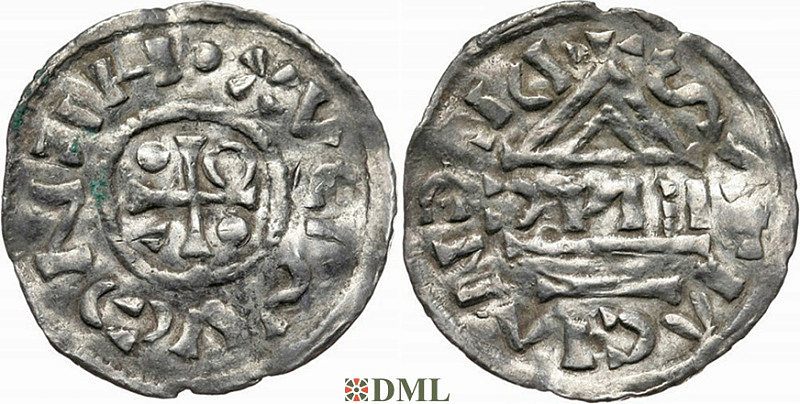 Денарий, Германия, Бавария, Heinrich IV (995-1002), м.д. Regensburg, монетарий EИC, Hahn 1976, 25c6.2.