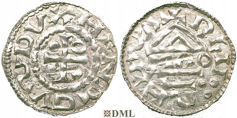 Денарий, Германия, Бавария, Hg. Heinrich II (985-995), м.д. Regensburg, монетарий MAO, Hahn 1976, 22f1.2