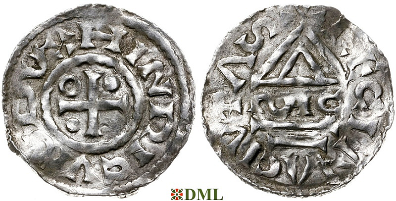 Денарий, Германия, Бавария, Heinrich II (955-995), м.д. Regensburg, монетарий ∾IC, Hahn 1976, 22g1.4