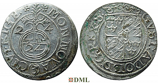 Драйпёлькер (полторак), Швеция, Рига (город), Густав II Адольф (1611-1632), м.д. Рига, минцмейстер Martin Wulff II, 1624 г., Haljak 1462
