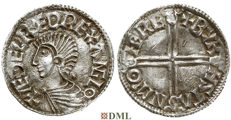 Денарий, Англия, Æthelred II (978-1016), м.д. Hereford, монетарий Byrhstan, North 774