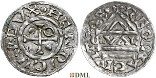 Денарий, Германия, Бавария, Heinrich II (955-995), м.д. Regensburg, монетарий GVɅL, Hahn 1976, 22d1.1