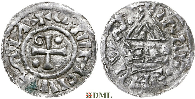 Денарий, Германия, Бавария, Heinrich II (955-995), м.д. Regensburg, монетарий MAO, Hahn 1976, 22f1.3