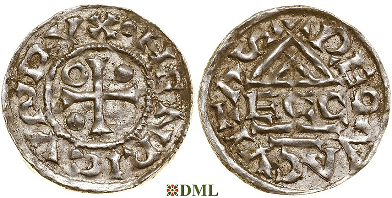 Денарий, Германия, Бавария, Heinrich II (985-995), м.д. Regensburg, монетарий ECCO, Hahn 1976, 22b2.2