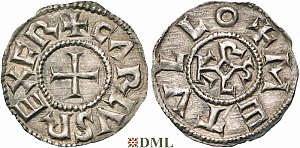 Денарий, Каролинги, Charlemagne (768-814) ou Charles le Chauve (840-877), м.д. Melle