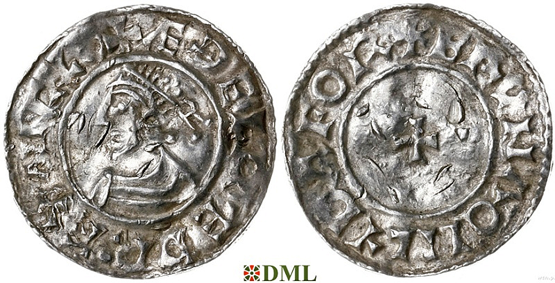 Денарий, Англия, Æthelred II (978-1016), м.д. Lydford, монетарий Bruna, North 777