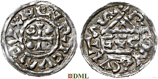 Денарий, Германия, Бавария, Heinrich II (985-995), м.д. Regensburg, монетарий ECCO, Hahn 1976, 22b2.6