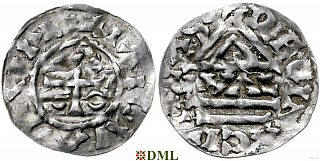 Денарий, Германия, Бавария, Heinrich II (955-995), м.д. Regensburg, монетарий GVΛL, Hahn 1976, 22d1.1