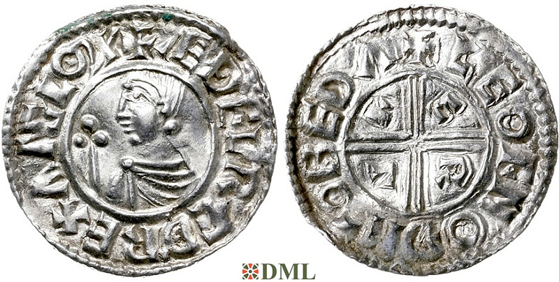 Денарий, Англия, Æthelred II (978-1016), м.д. Bedford, монетарий Leofnoth, North 770