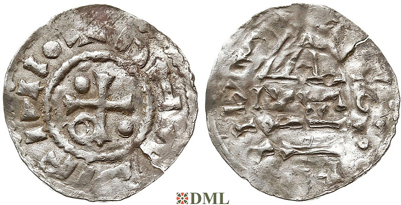 Денарий, Германия, Бавария, Hg. Heinrich II (985-995), м.д. Regensburg, монетарий MAO, Hahn 1976, 22f1.5