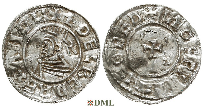 Денарий, Англия, Æthelred II (978-1016), м.д. Bedford, монетарий Leofwine, North 777