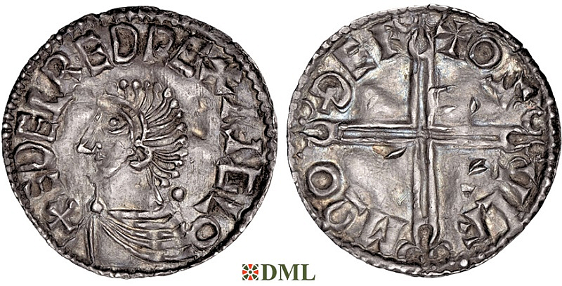 Денарий, Англия, Æthelred II (978-1016), м.д. Thetford, монетарий Oswulf, North 774