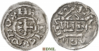 Денарий, Германия, Бавария, Heinrich II (985–995), м.д. Regensburg, монетарий ELLN, Hahn 1976, 22c2