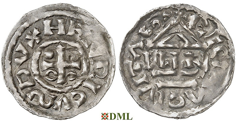 Денарий, Германия, Бавария, Heinrich II (985–995), м.д. Regensburg, монетарий ELLN, Hahn 1976, 22c2