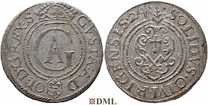 Шиллинг (солид), Швеция, Рига (город), Густав II Адольф (1611-1632), м.д. Рига, минцмейстер Martin Wulff II, 1624 г., Haljak 1467