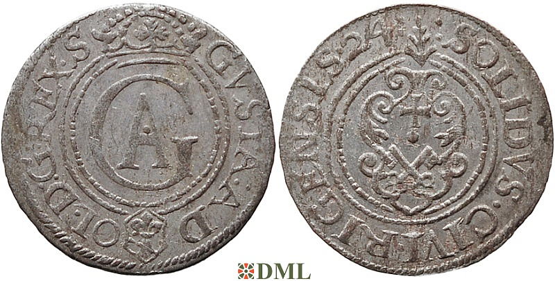 Шиллинг (солид), Швеция, Рига (город), Густав II Адольф (1611-1632), м.д. Рига, минцмейстер Martin Wulff II, 1624 г., Haljak 1467
