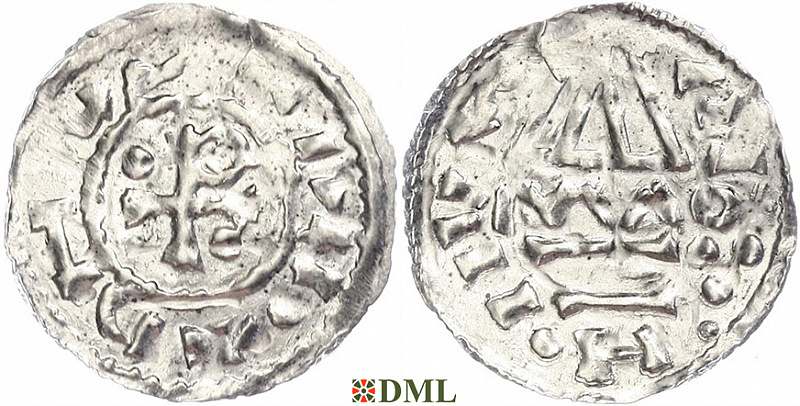 Денарий, Германия, Бавария, Heinrich II (985–995), м.д. Regensburg, монетарий MAO, Hahn 1976, 22f1