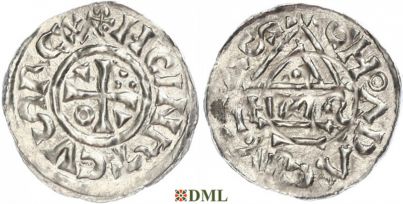 Денарий, Германия, Бавария, Heinrich II (1002-1024), м.д. Cham, монетарий HИƧ,  Hahn 1976, 80b2