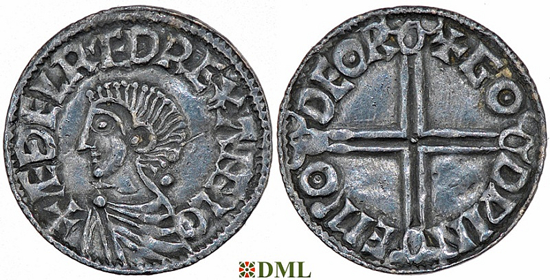 Денарий, Англия, Æthelred II (978-1016), м.д. Thetford, монетарий Godwine, North 774