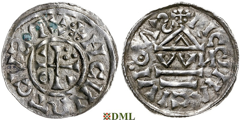 Денарий, Германия, Бавария, Heinrich II (1002-1024), м.д. Regensburg, монетарий OWИ, Hahn 1976, 27j1.1